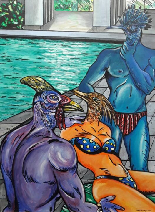 Painting titled "Tarde en la piscina" by Hamlet Sauvage Max, Original Artwork, Acrylic