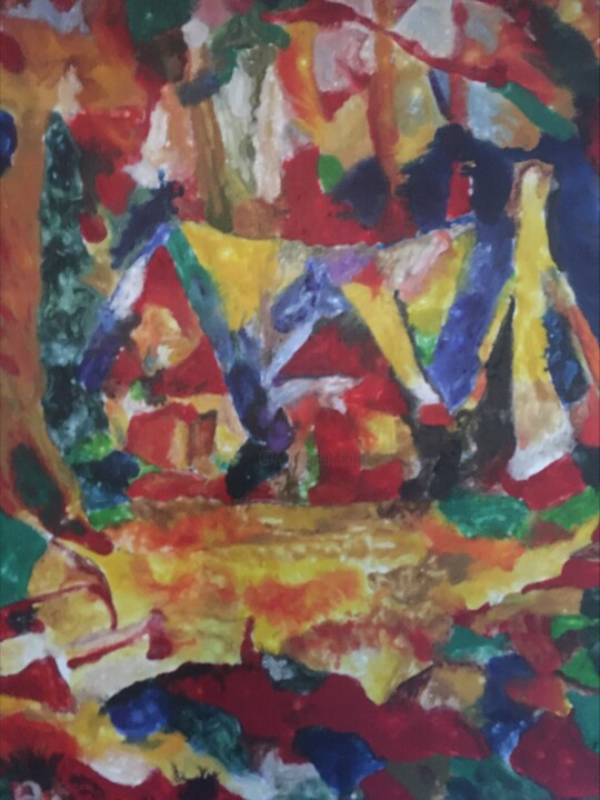 « Harmonie Colorée : La Maison dans la Forêt » 绘画, 15.8x11.8 in