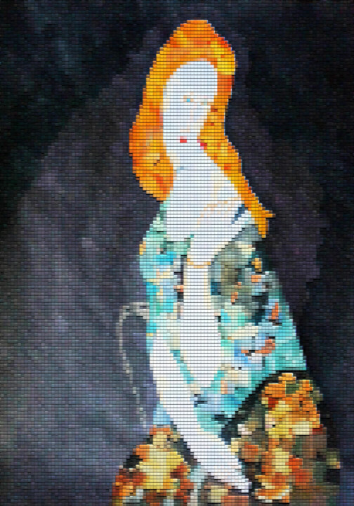 Modigliani Woman - original mosaic portrait, collage art 拼贴, 17.7x12.4 in