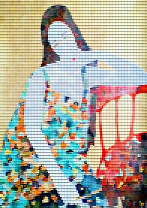 MODIGLIANI WOMAN PORTRAIT - ORIGINAL MOSAIC COLLAGE ART 雕塑, 17.7x12.4 in