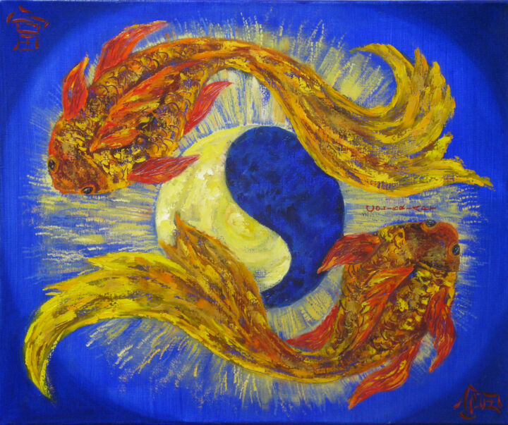Koi Fish Painting Yin Yang Goldfish Wall Art Animal Painting 绘画, 19.7x23.6 in