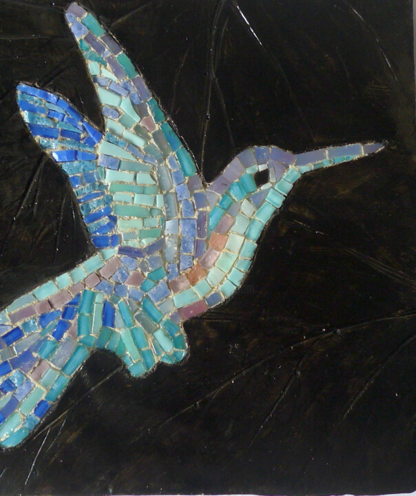 Decorative panel with mosaic Hummingbird on black 雕塑, 5.9x5.9 in