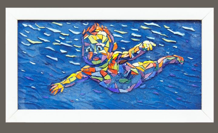Painting titled "Юный пловец" by Marat Nabi, Original Artwork, Mosaic Mounted on Wood Stretcher frame
