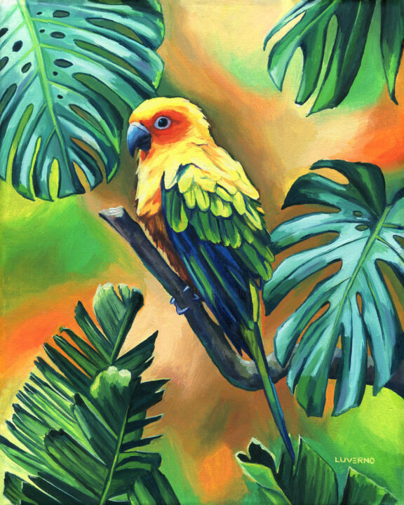 Sun conure parrot oil painting, 'A land of joy' 绘画, 11.8x9.5 in