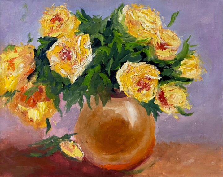 Painting titled "Bouquet of roses" by Mariia Fedorova, Original Artwork, Oil Mounted on Wood Panel