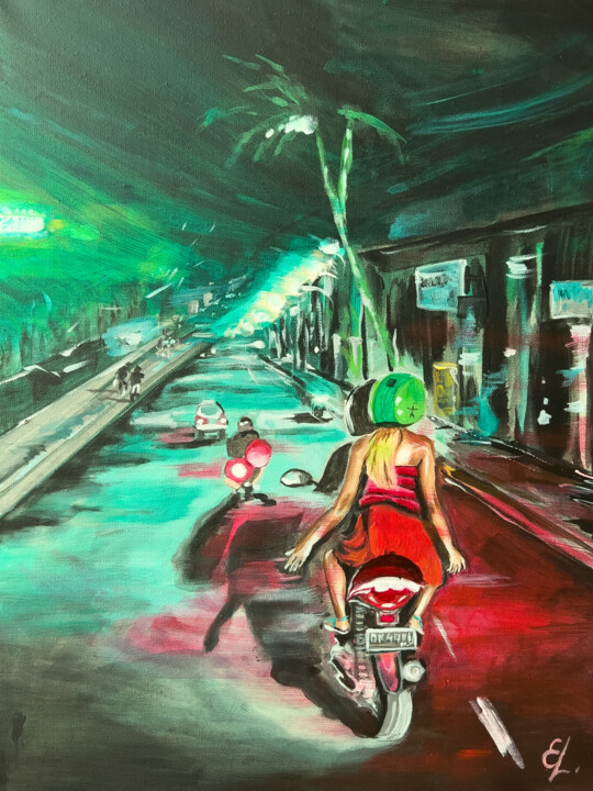 Behind him/Original painting motobike, love, romance, night 绘画, 19.7x15.8 in