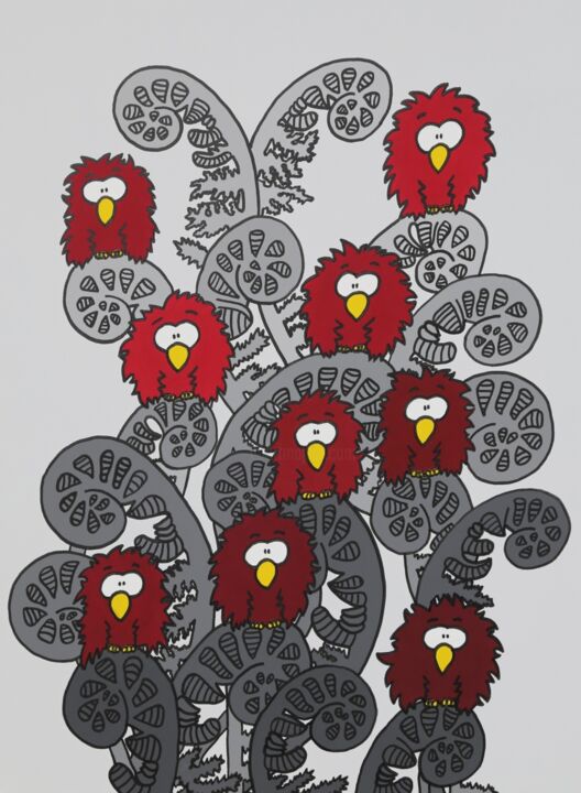 Painting titled "Red Birds" by Marcel Marlovits, Original Artwork, Acrylic
