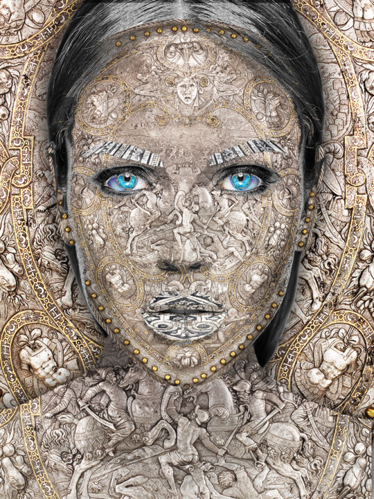 Armor Woman Etched Face and Body Surreal Profile 2 绘画, 24x18 in