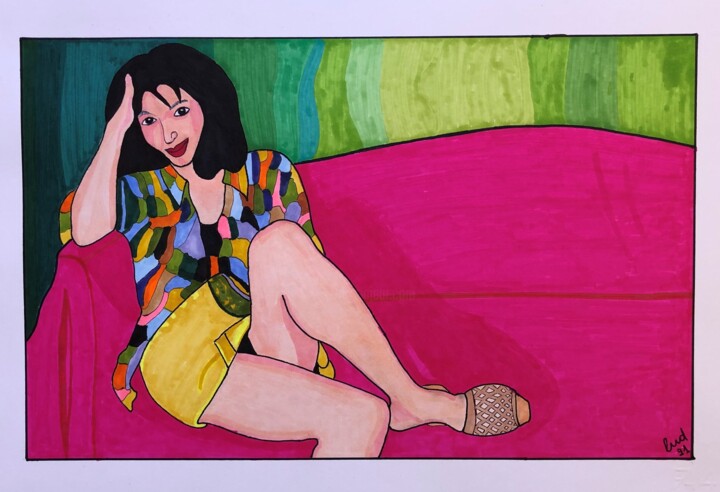 Woman on pink sofa 绘画, 13x18.9 in