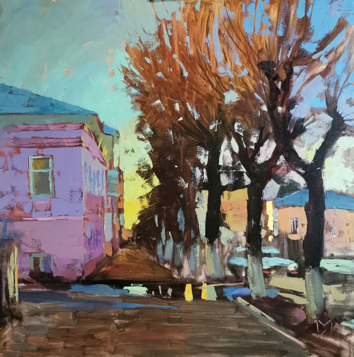 Painting titled "Spring evening" by Daniil Mikhailov, Original Artwork, Oil Mounted on Wood Stretcher frame