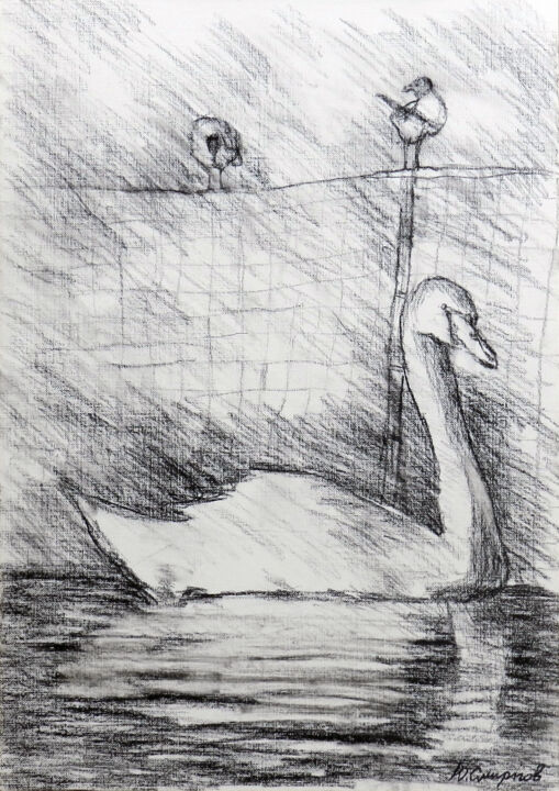 Swan and two birds 图画, 16.5x11.8 in