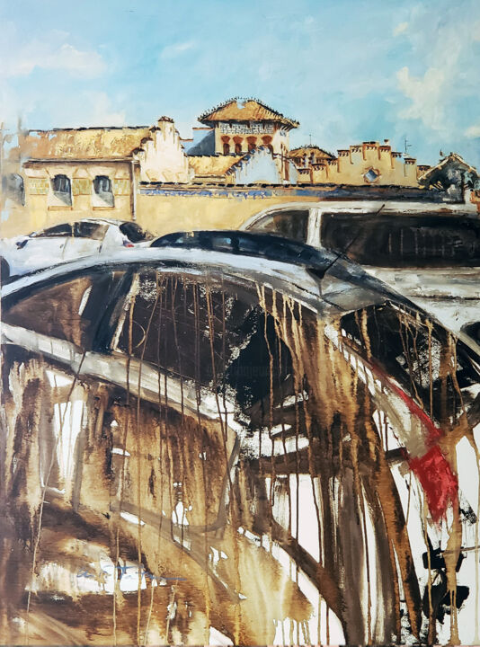 Painting titled "Parquing Lleno" by Montse Fabra, Original Artwork, Oil Mounted on Wood Stretcher frame