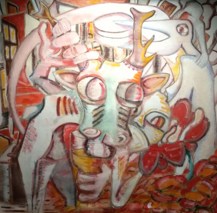 Painting titled "Un jour les cerfs n…" by François Devreux, Original Artwork, Oil