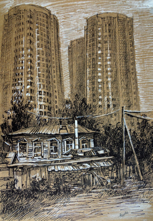 Tekening getiteld "Old and new city-sm…" door Nadezhda Zueva, Origineel Kunstwerk, Gelpen