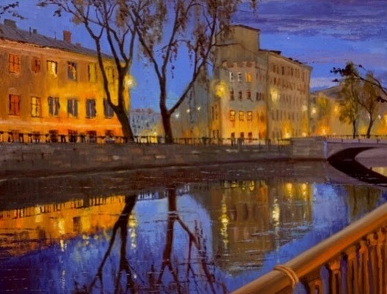 Cozy evening in the city oil painting cityscape 绘画, 19.7x27.6 in