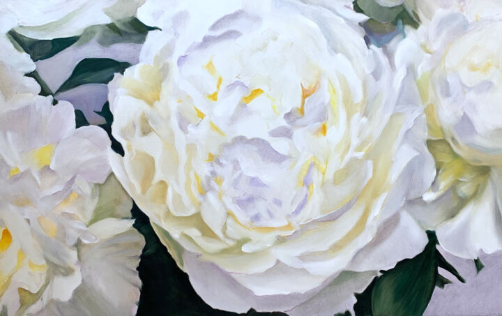Painting titled "White peonies nosta…" by Ilze Ergle-Vanaga, Original Artwork, Oil