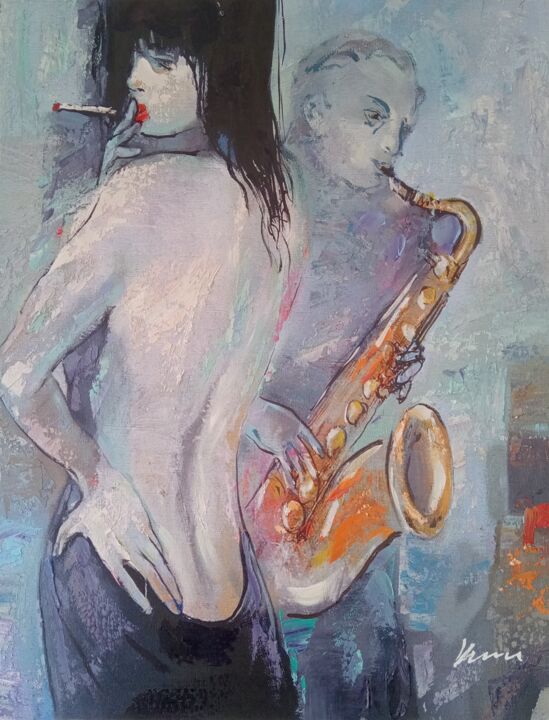 Women, saxophone and a cigarette oil painting on canvas 绘画, 20.9x16.1 in