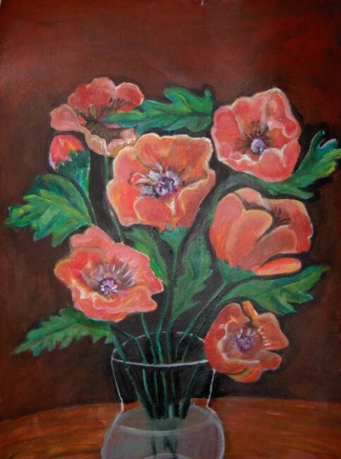 Painting titled "Red Poppies" by Chicana Artist.... Ruth Olivar Millan, Original Artwork