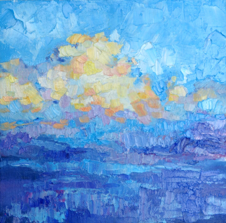 Schilderij getiteld "Light blue clouds,o…" door Nadezhda Zueva, Origineel Kunstwerk, Olie Gemonteerd op Karton