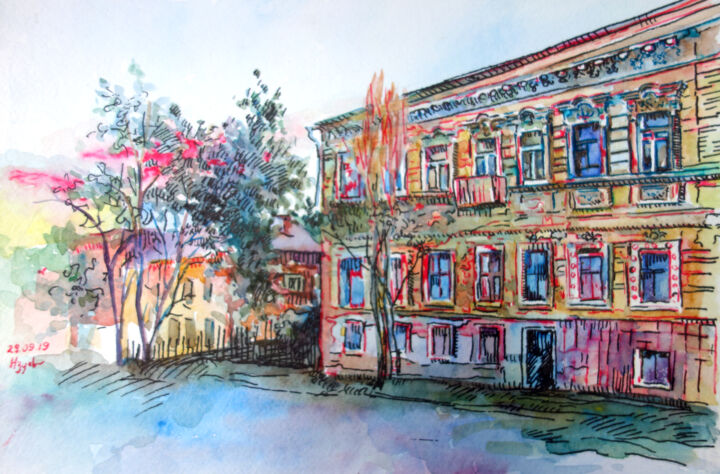 Tekening getiteld "Old architecture-wa…" door Nadezhda Zueva, Origineel Kunstwerk, Aquarel