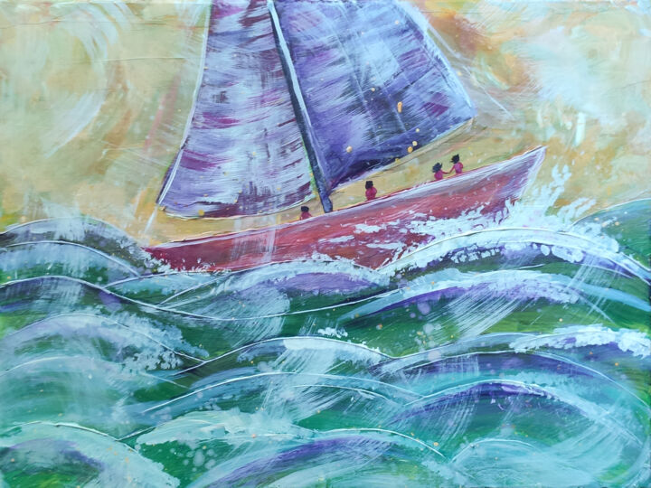 SAILBOAT on the Waves Very Peri Sails Painting 绘画, 11.8x15.8 in
