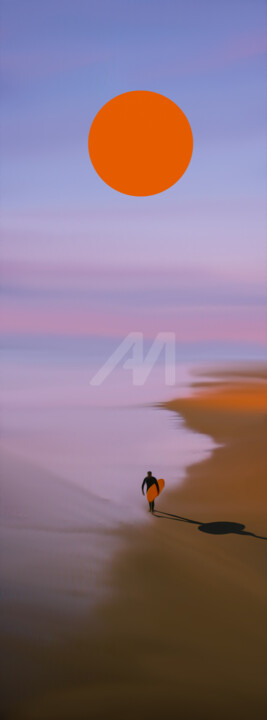 Surfer and Orange Sun. 数字艺术