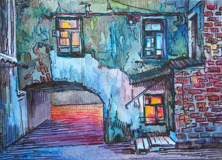 Tekening getiteld "Old yard watercolor…" door Nadezhda Zueva, Origineel Kunstwerk, Aquarel