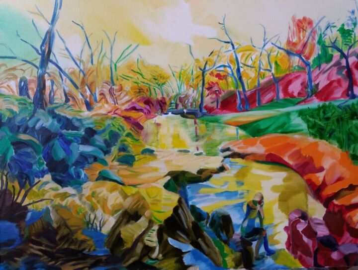 Painting titled "Parc Josaphat 2" by Marc Declercq, Original Artwork, Oil