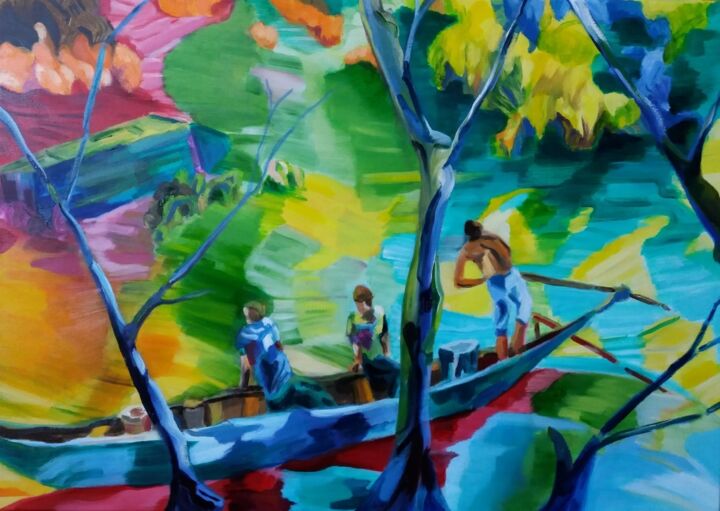 Ζωγραφική με τίτλο "Pirogue" από Marc Declercq, Αυθεντικά έργα τέχνης, Λάδι