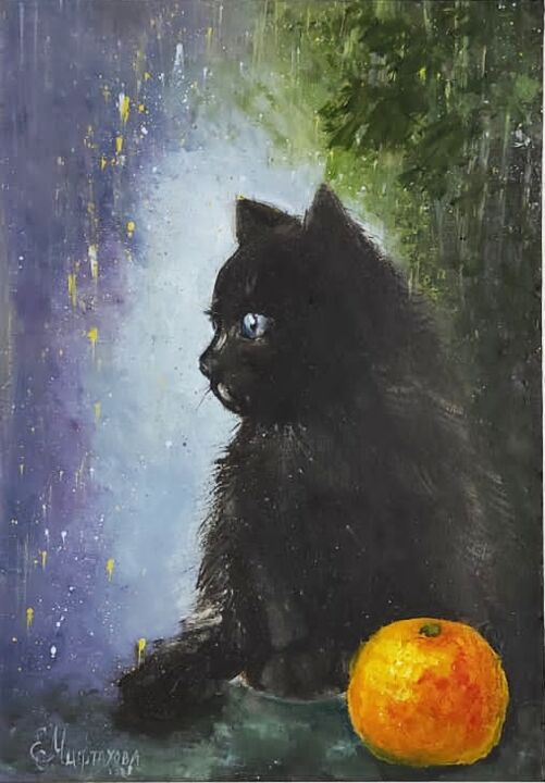 Black Cat Painting Original Art Christmas Landscape Fruits A 绘画, 8.5x6 in