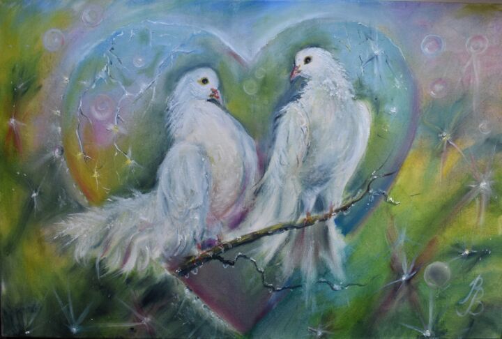The radiance of tender and romantic love. Love and pigeons. 绘画, 15.8x23.6 in