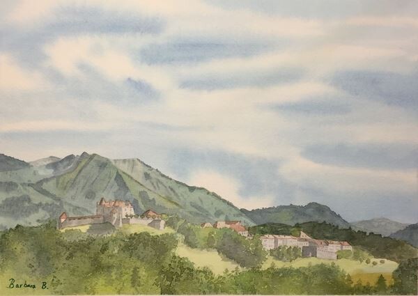 Painting titled "Gruyères (Fribourg)" by Barbara B., Original Artwork, Watercolor
