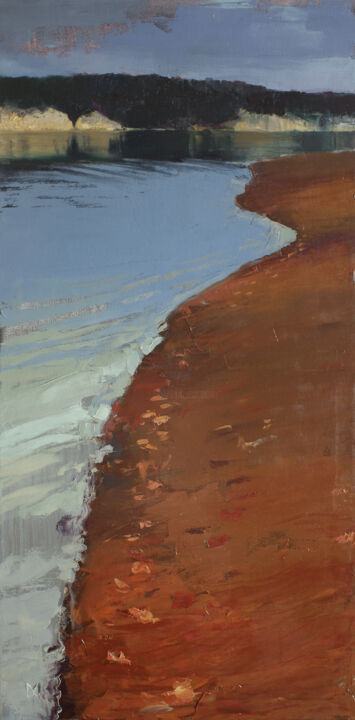 Painting titled "Walking on the beac…" by Daniil Mikhailov, Original Artwork, Oil Mounted on Wood Stretcher frame