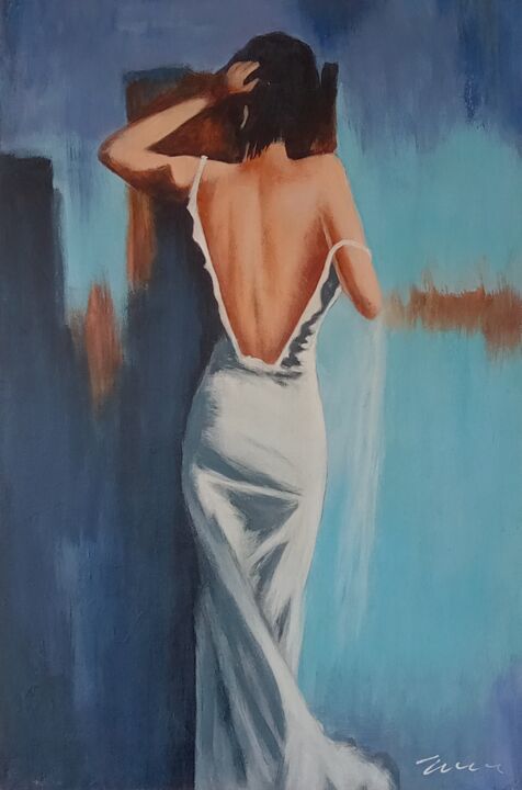 Woman in a white dress oil painting on canvas 绘画, 23.6x15.8 in