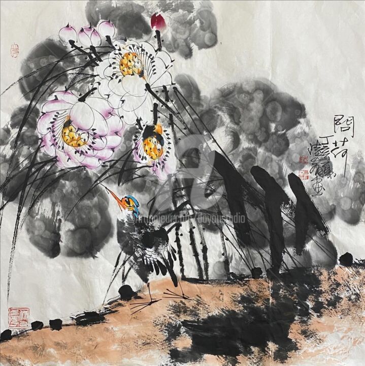 Painting titled "Talk with the lotus…" by Dayou Lu, Original Artwork, Pigments