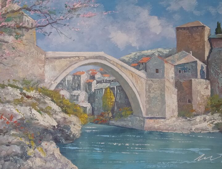 Mostar bridge acrylic painting on canvas 绘画, 16.1x20.9 in