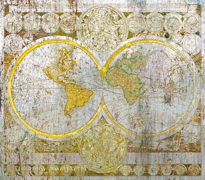 Vintage World Map Remastered with Silver And Gold Metal 4 绘画, 21x24 in