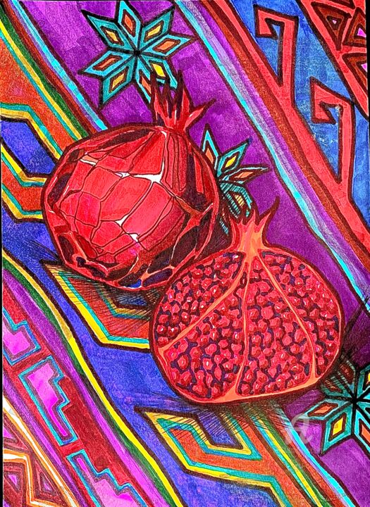 SKETCH FOR ETHNO PAINTING, JUICY POMEGRANATE ON A DAGESTAN C 图画, 15.8x11.8 in