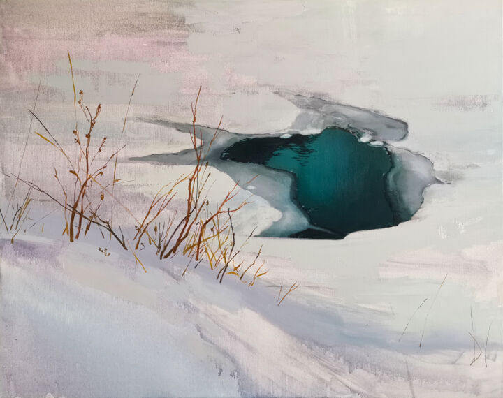 Painting titled "Thinking of spring" by Daniil Mikhailov, Original Artwork, Oil Mounted on Wood Stretcher frame