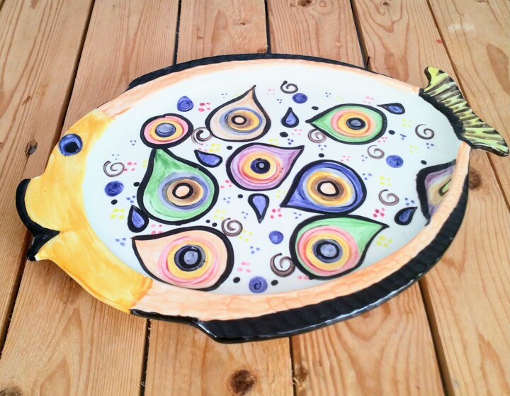 Assiette décor abstrait multicolore fait à la main 雕塑, 8.7x12.2 in