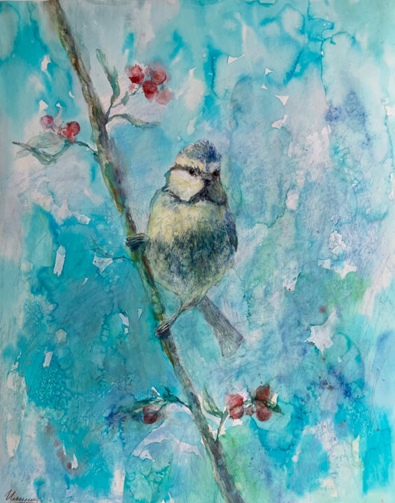 Painting titled "SPRING BIRD- titmou…" by Tatsiana Ilyina, Original Artwork, Watercolor