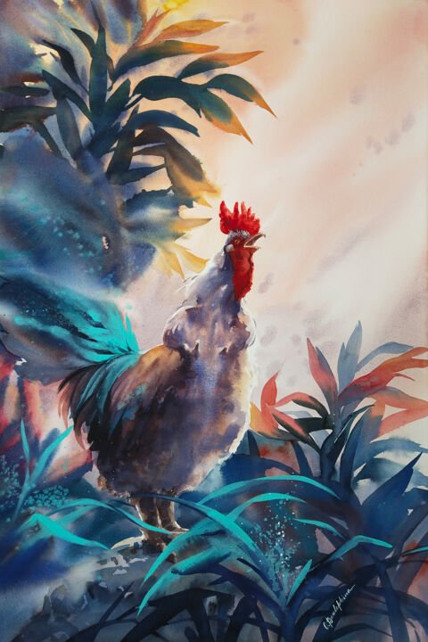 Morning. Crowing rooster - animal portrait 绘画, 32.7x21.7 in