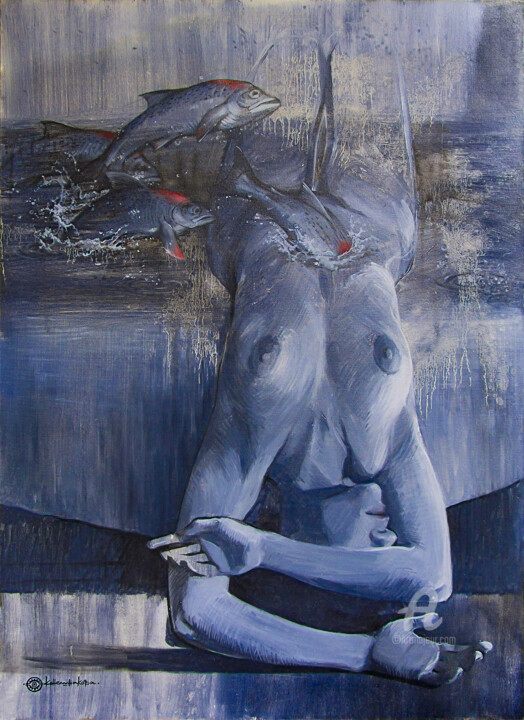 Painting titled "SALMON" by Lana Okoneshnikova, Original Artwork, Oil Mounted on Wood Stretcher frame