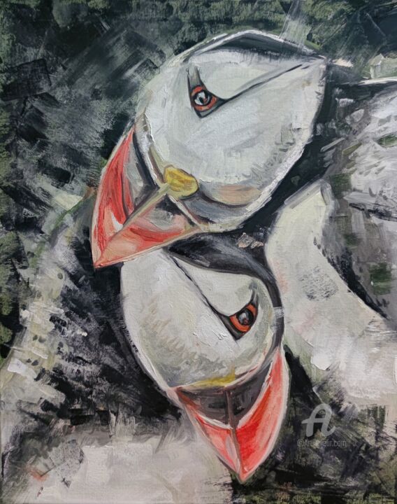 Iceland. Endless horizon. puffins birds 绘画, 19.7x15.8 in