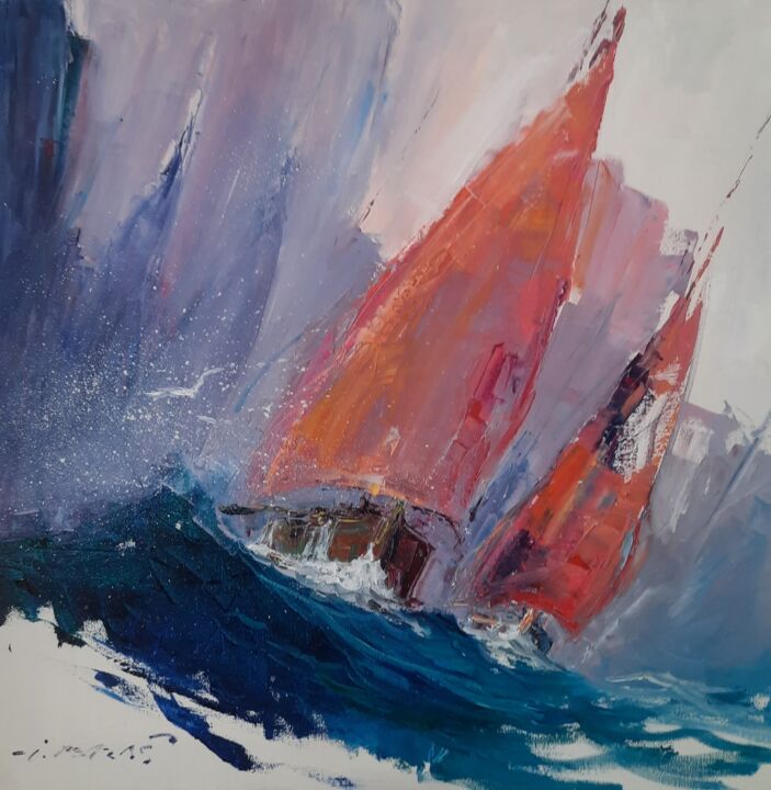 Painting titled "Red sailboat" by Ivica Petraš, Original Artwork, Oil