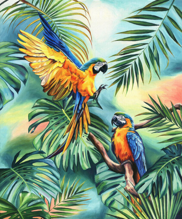 Painting titled "Tropical abstract p…" by Lucia Verdejo, Original Artwork, Oil Mounted on Wood Stretcher frame