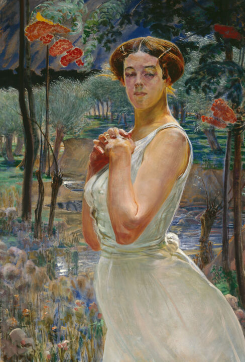 Painting titled "Portret kobiety na…" by Paweł Waligórski, Original Artwork, Oil