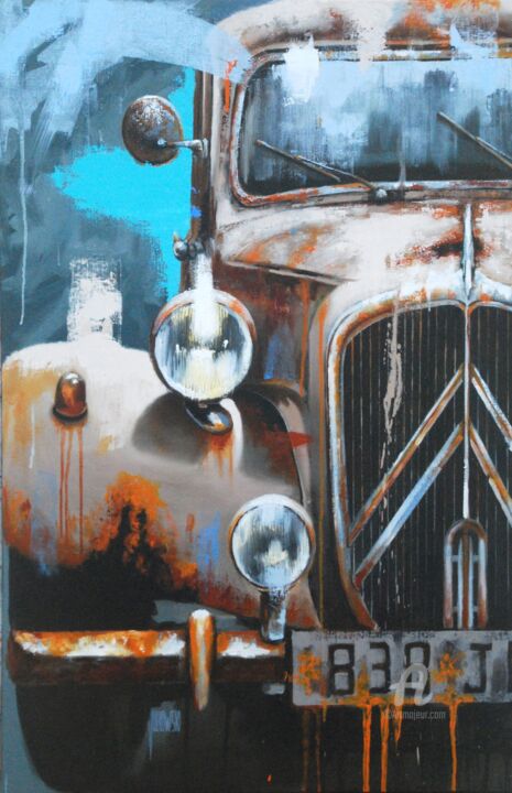 Malerei mit dem Titel "Traction avant" von Sylvie Julkowski-Egard, Original-Kunstwerk, Öl Auf Keilrahmen aus Holz montiert