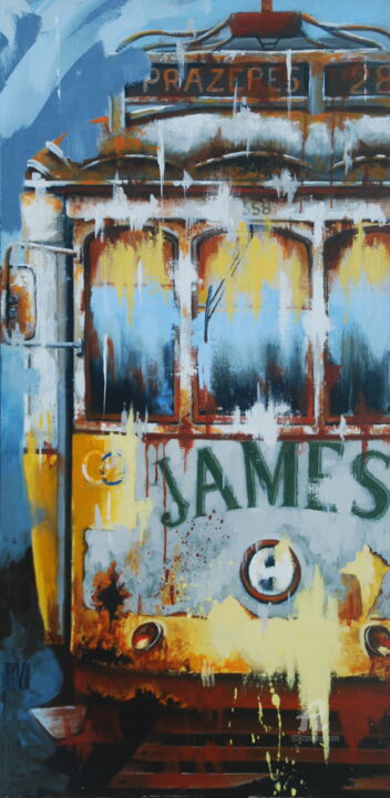 Painting titled "Tramway jaune" by Sylvie Julkowski-Egard, Original Artwork, Oil Mounted on Wood Stretcher frame