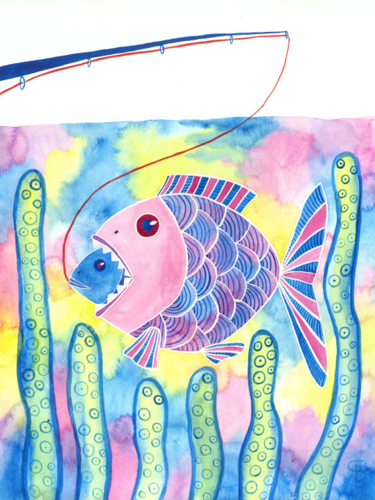 Fishing for predatory fish 绘画, 22.1x16.5 in